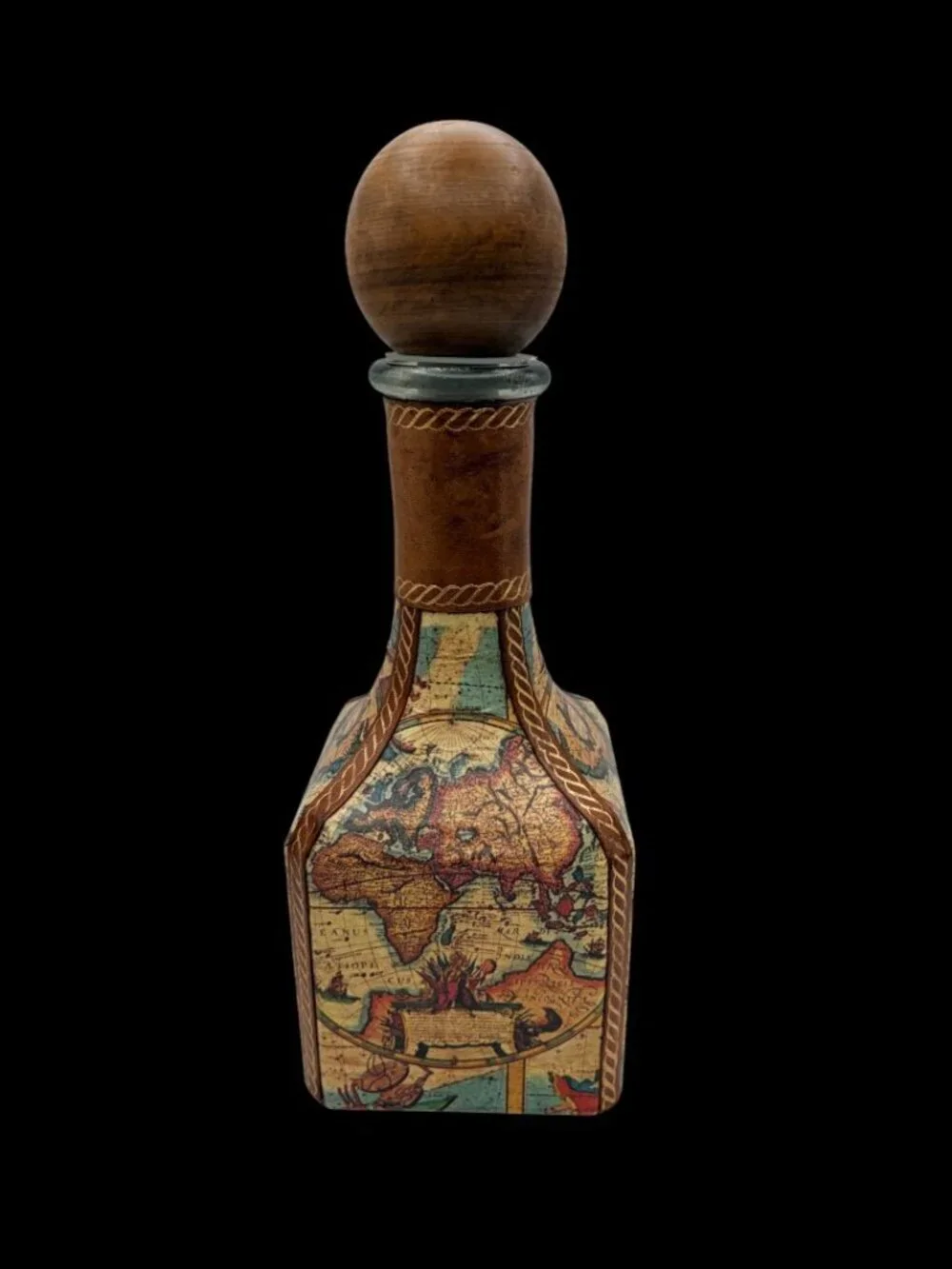 Vintage Old World Map Leather Liquor Decanter - Fausto Corduri Decanter - Italy